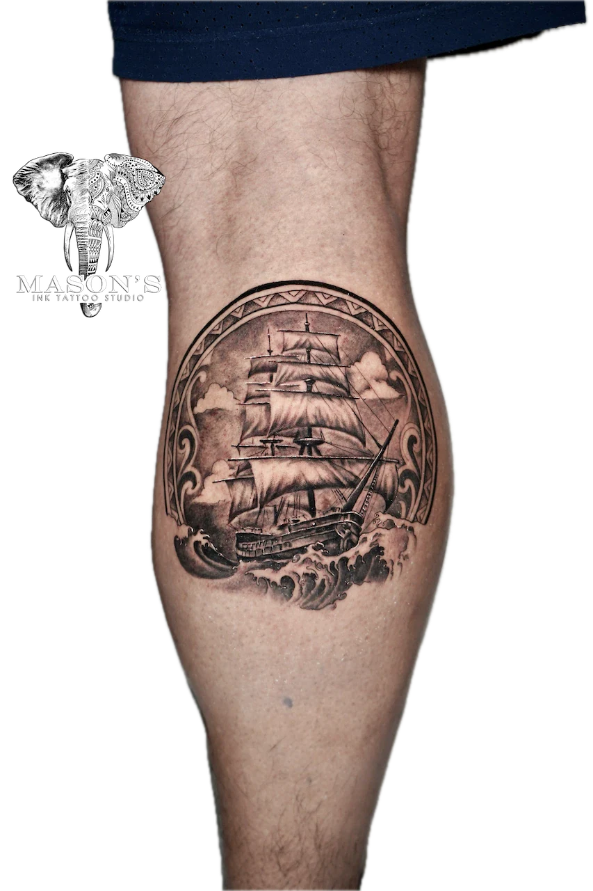 Black and Grey Realism Ship Tattoo Design - Black & Grey tattoo by Mason's Ink Tattoo Studio, Bali