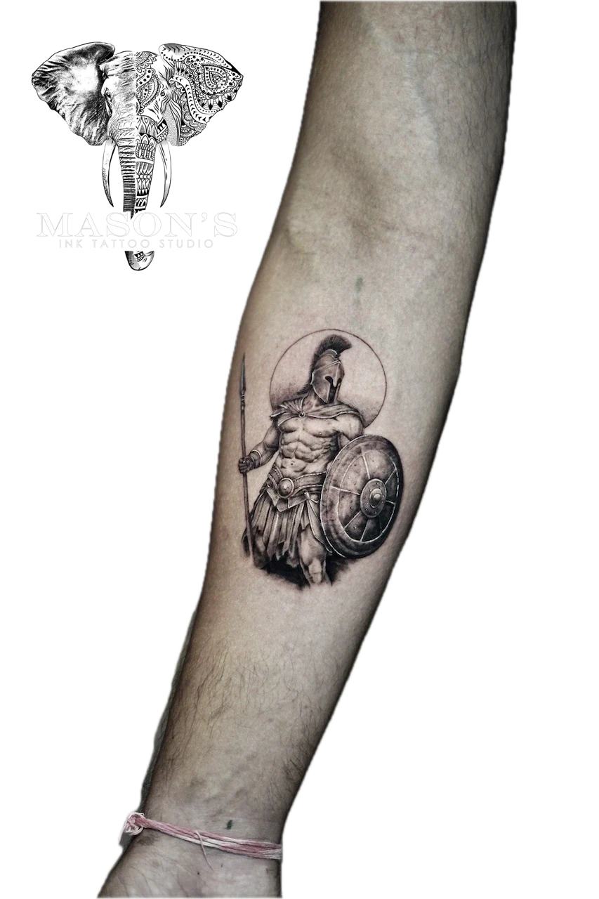 Black and Grey Realism Spartan Tattoo Design by Mason's Ink Tattoo Studio, Bali