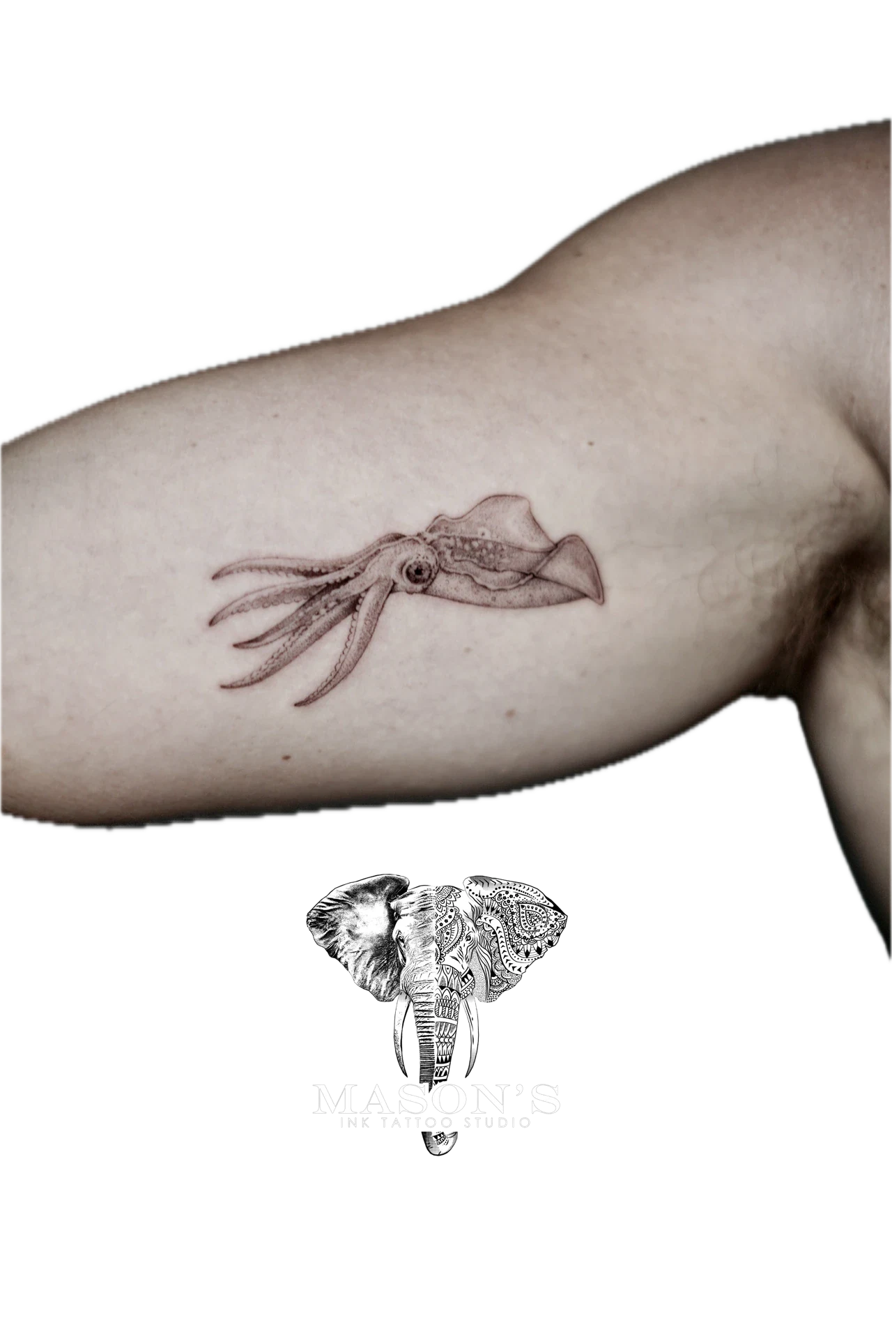 Black and Grey Realism Squid Tattoo by Mason's Ink Tattoo Studio, Bali