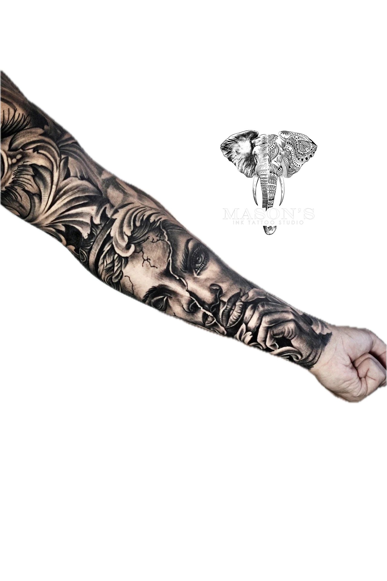 Black and Grey Realism Tattoo Broken Face Statue Woman by Mason's Ink Tattoo Studio, Bali