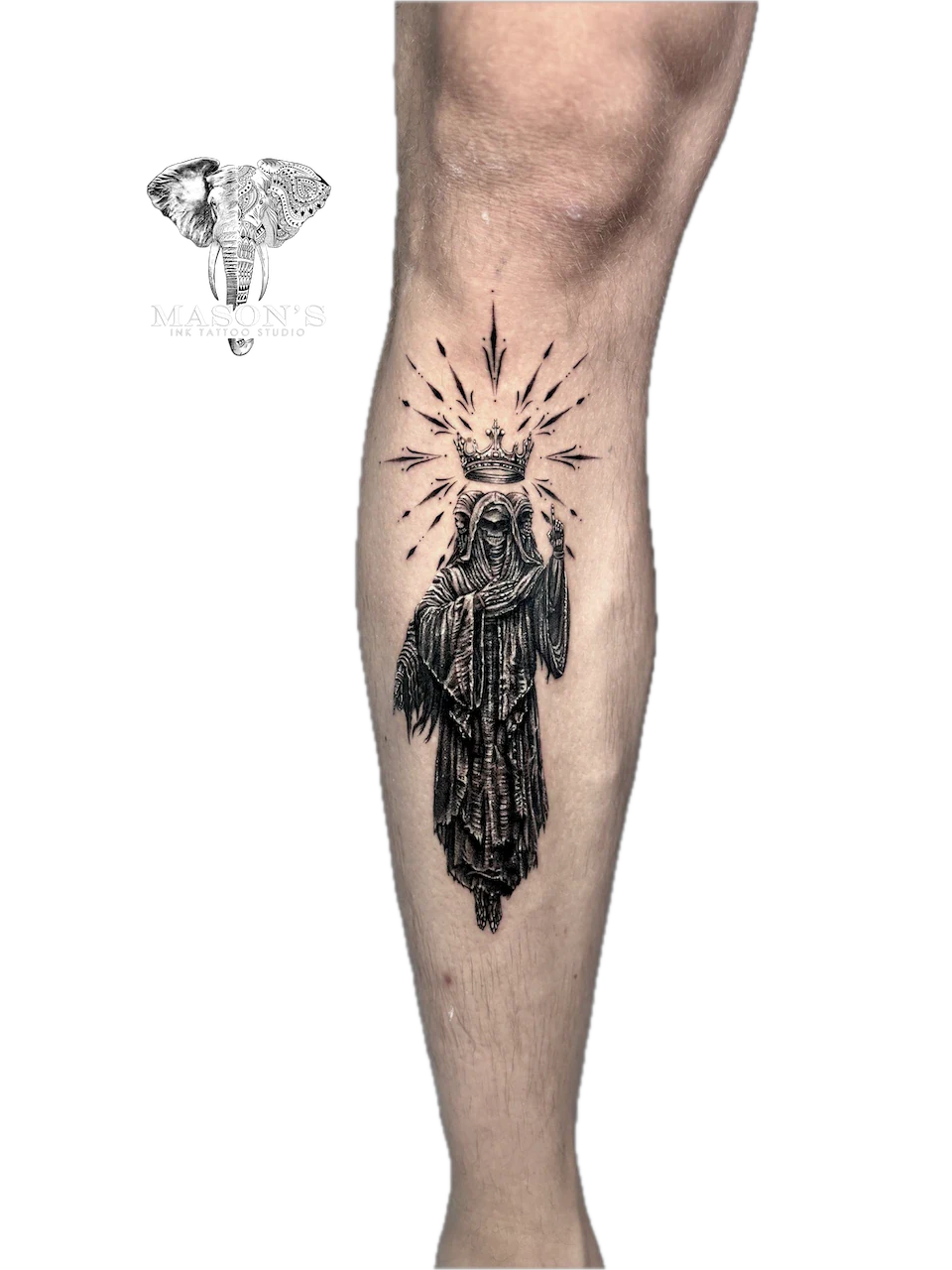 Black and Grey Realism Tattoo Design: a crowned robed figure with a halo and stars on a calf