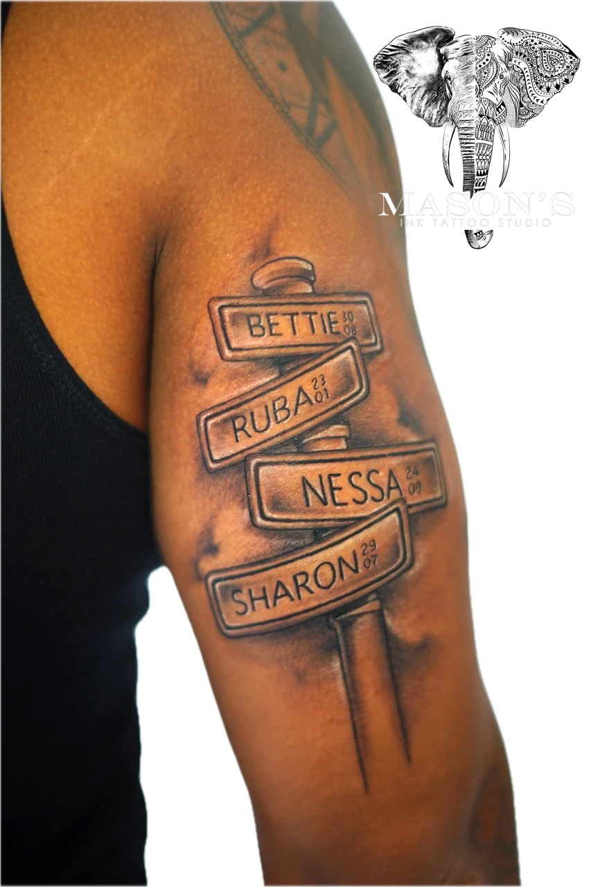 Black and Grey Realism Yoga Tattoo Design: Four street signs with names and dates on a forearm
