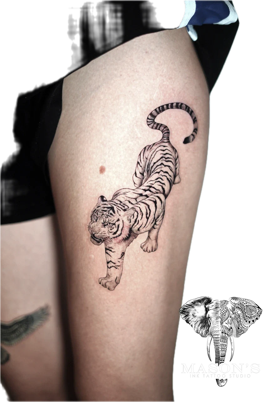 Black and Grey Realism Tiger Tattoo Design by Mason's Ink Tattoo Studio, Bali