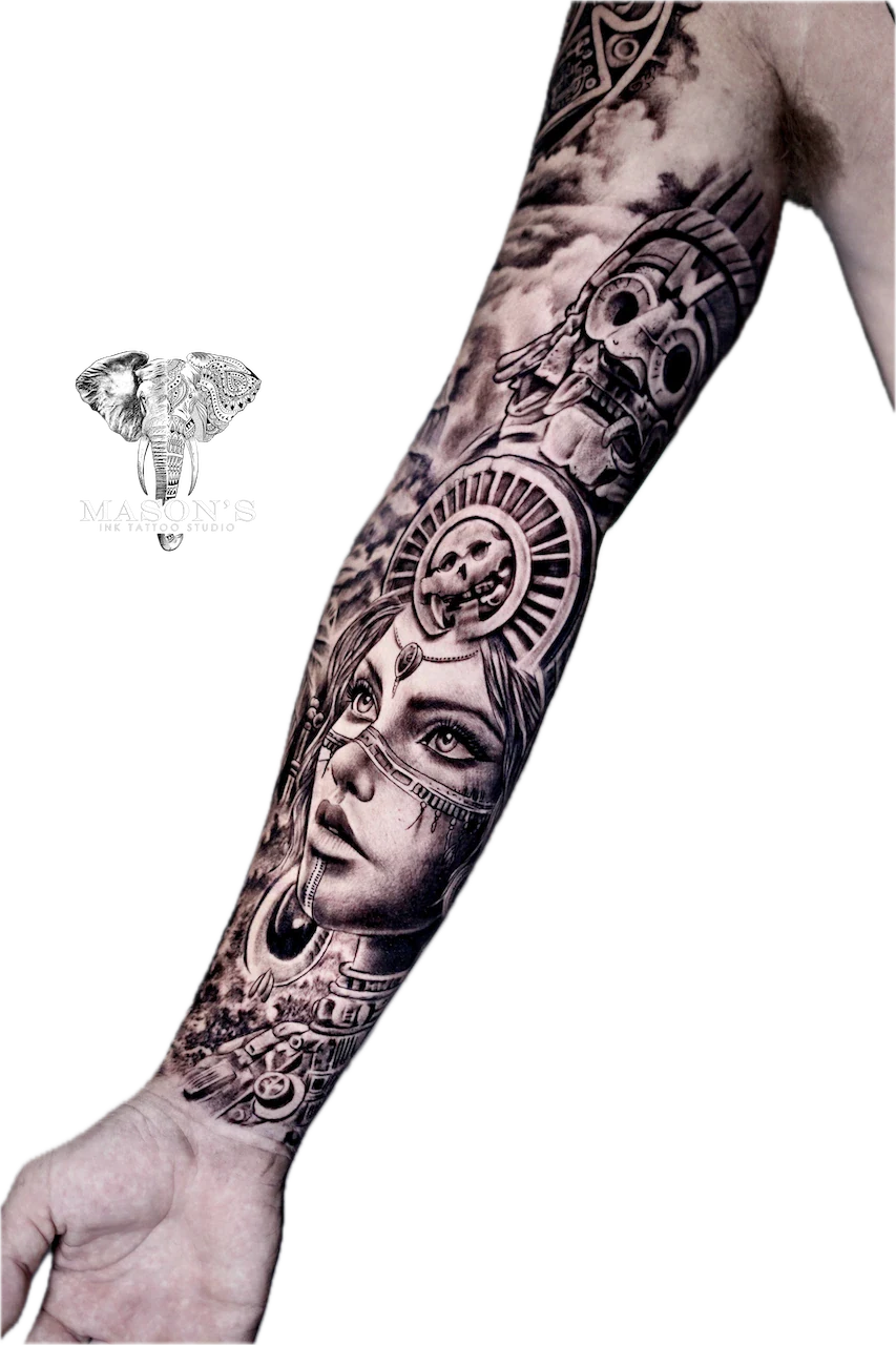 Black and Grey Realism Woman and Statue Tattoo by Mason's Ink Tattoo Studio, Bali