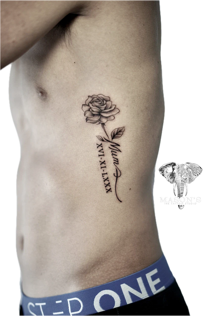 Black and Grey Rose Script Tattoo Design by Mason's Ink Tattoo Studio, Bali