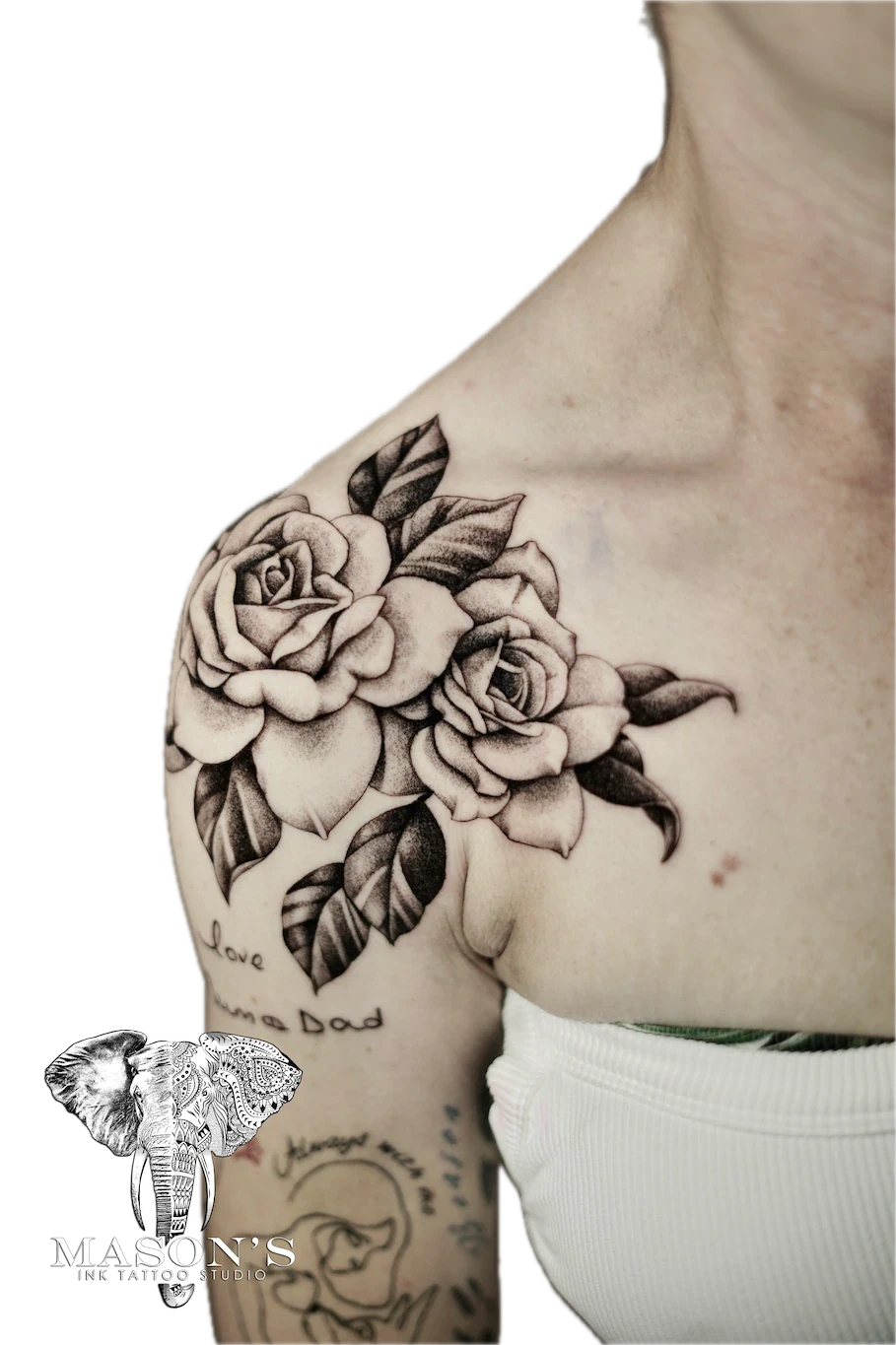 Black and Grey Rose Tattoo Design - Black & Grey tattoo by Mason's Ink Tattoo Studio, Bali