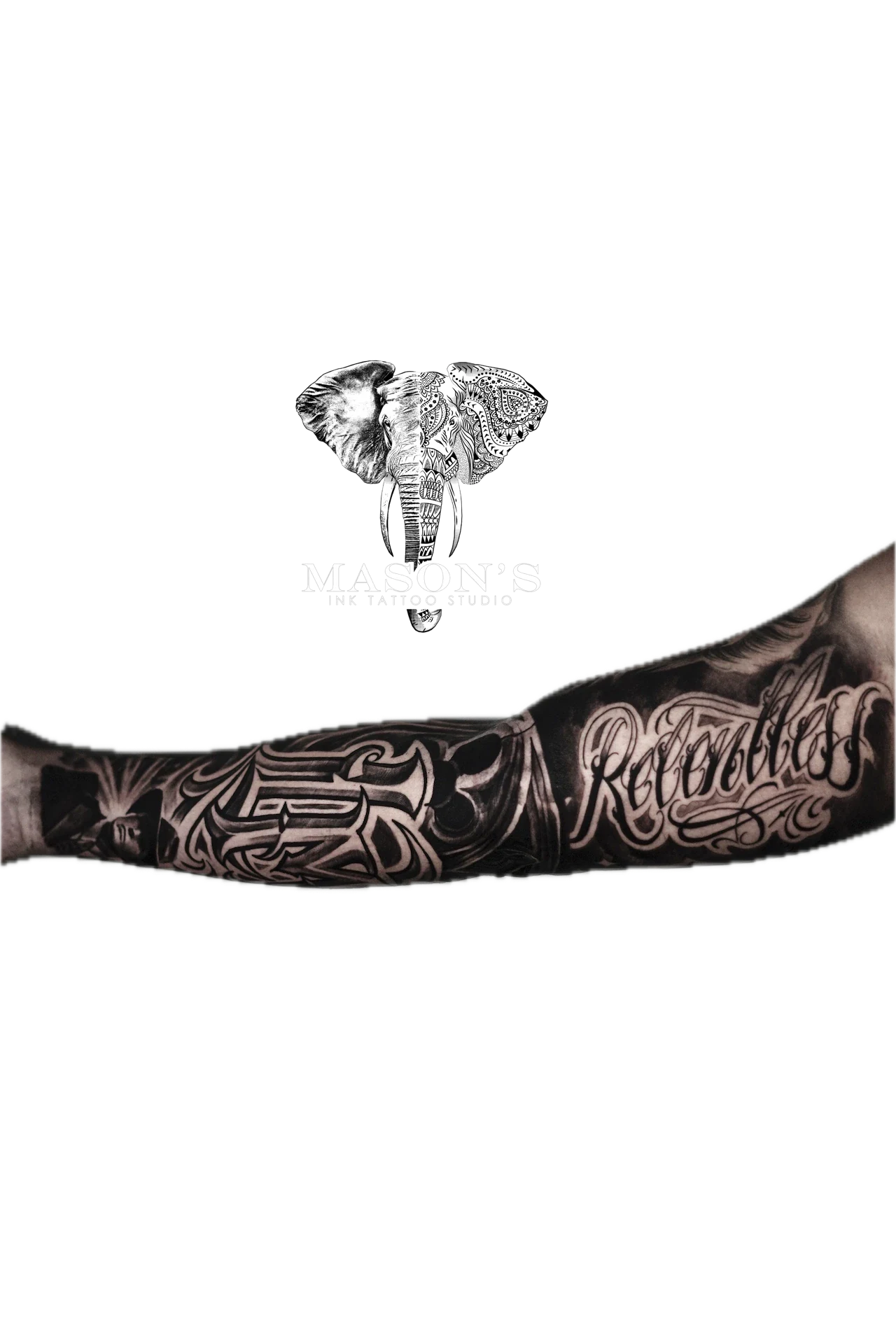 Black and Grey Script Black Work Tattoo by Mason's Ink Tattoo Studio, Bali