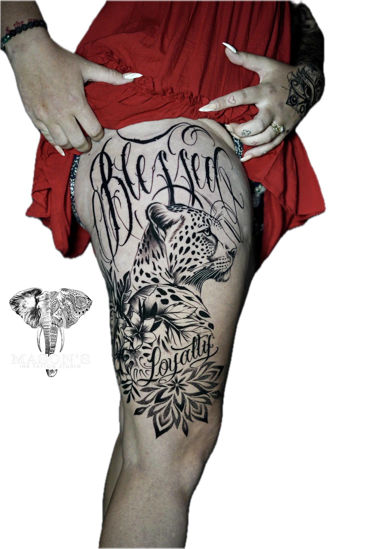 Black and Grey Script, Mandala Leopard Blessed Tattoo by Mason's Ink Tattoo Studio, Bali