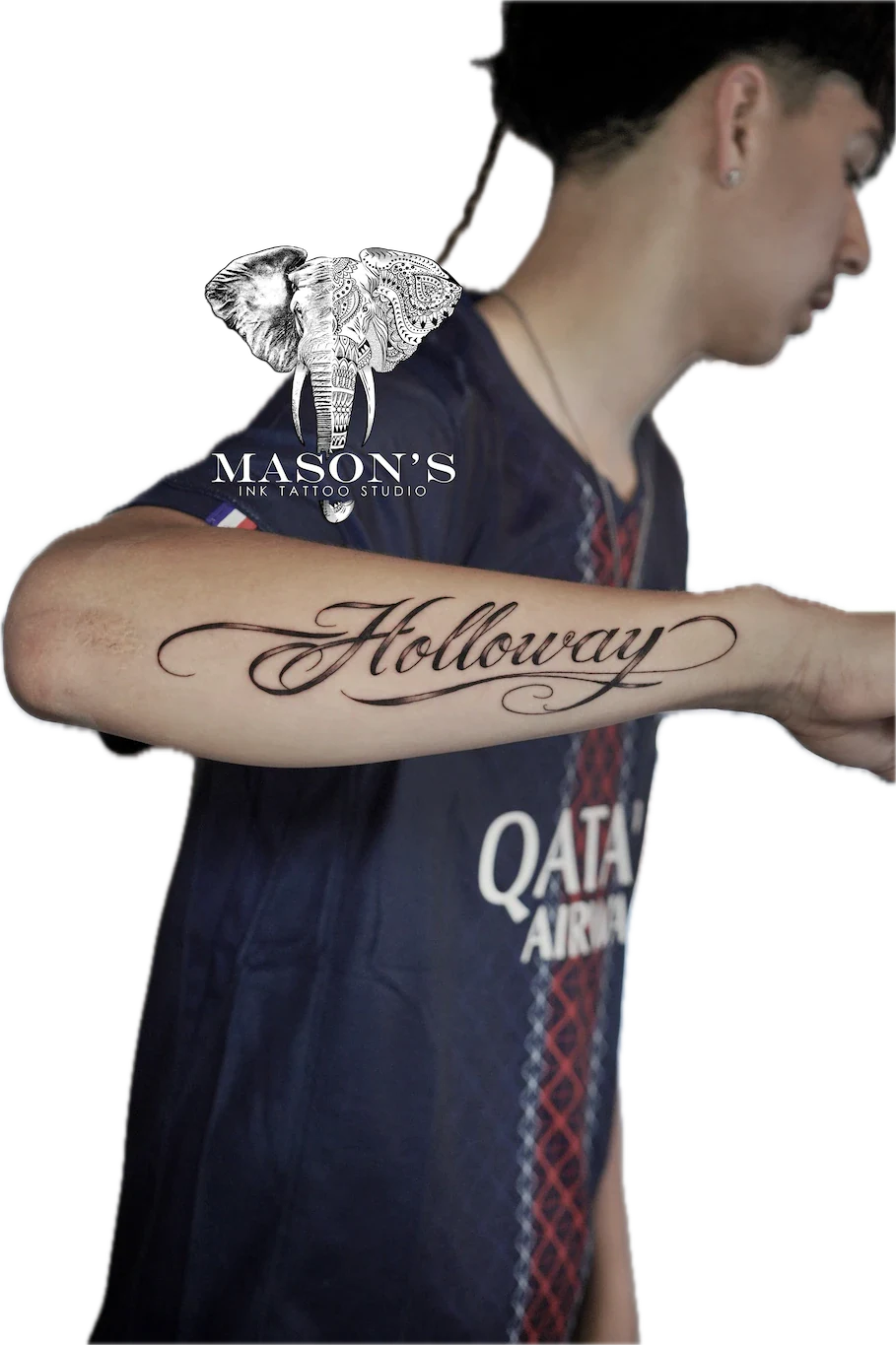 Black and Grey Script Tattoo Design - Black & Grey tattoo by Mason's Ink Tattoo Studio, Bali