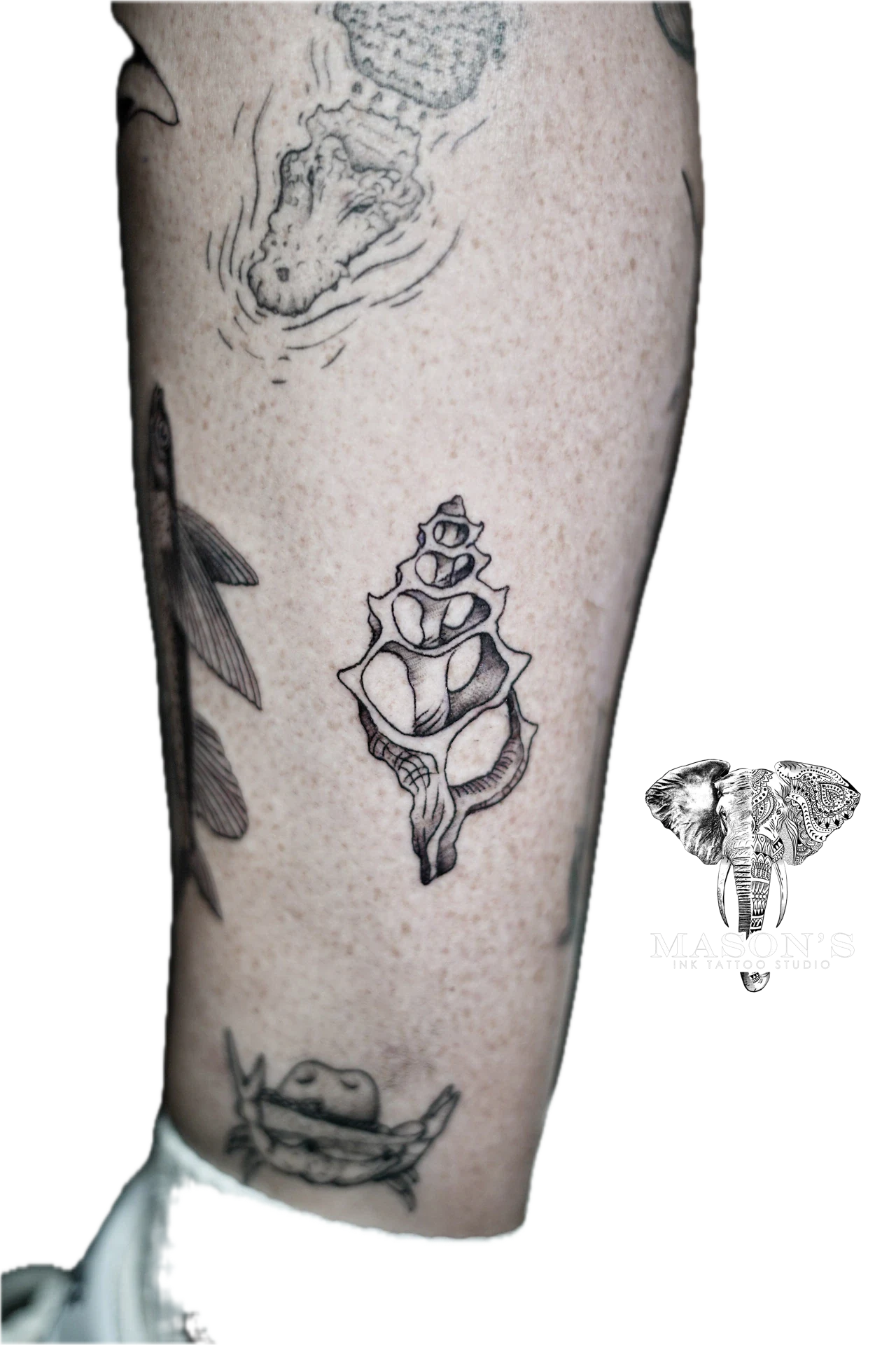 Black and Grey Sea Shell tattoo by Mason's Ink Tattoo Studio, Bali