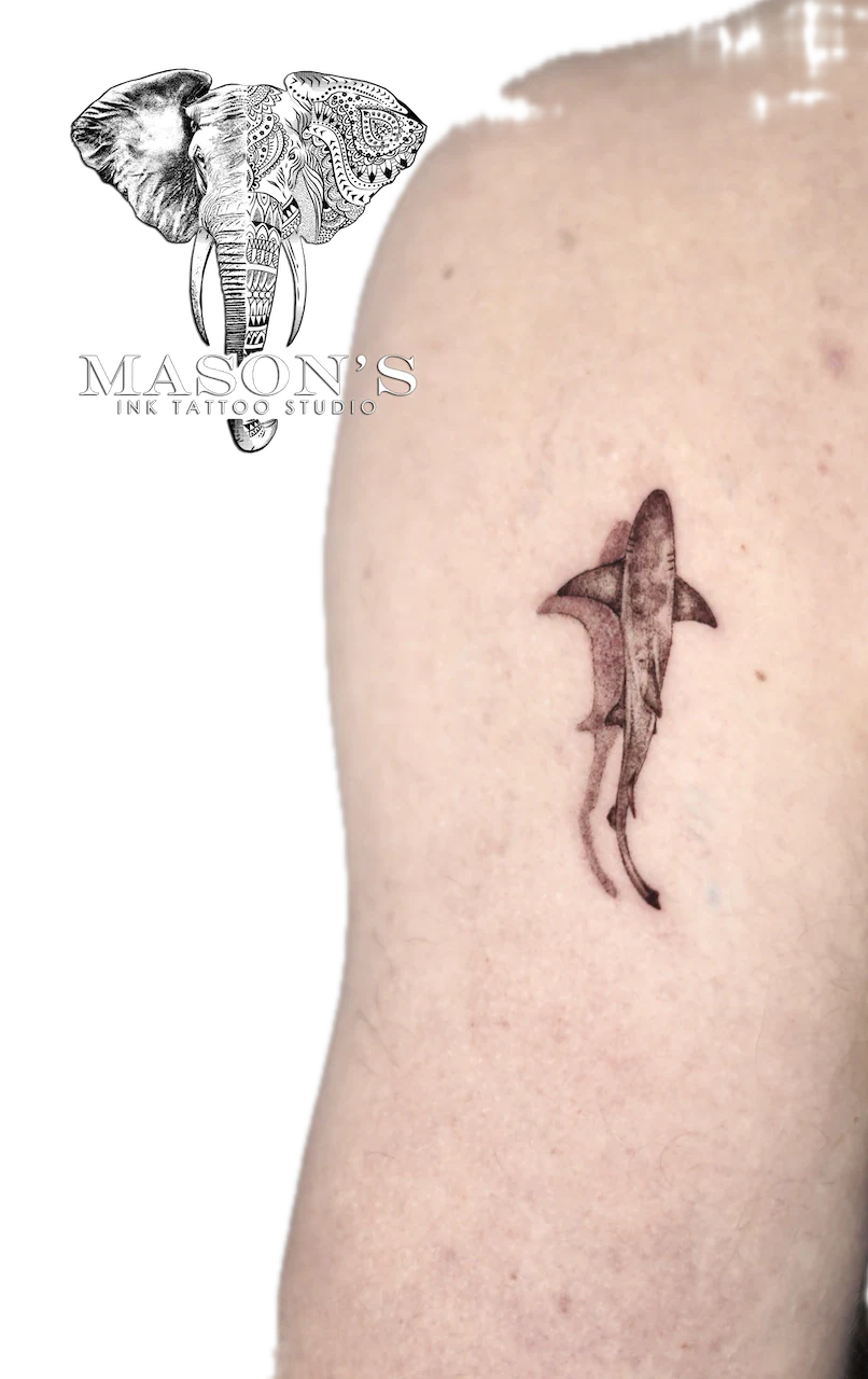 Black and Grey Shark Tattoo Design - Black & Grey tattoo by Mason's Ink Tattoo Studio, Bali