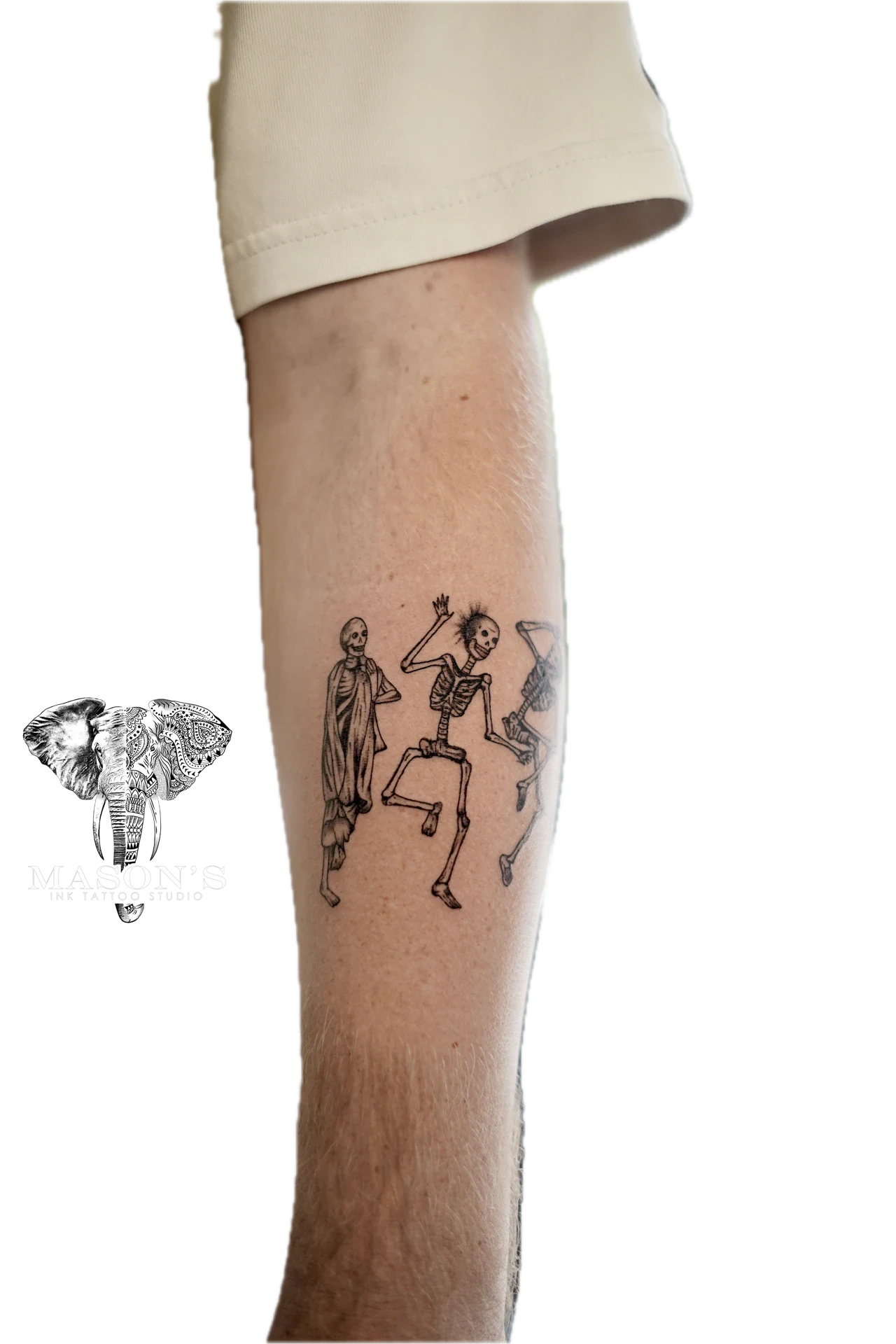 Black and Grey Skeleton Dance Skull Tattoo by Mason's Ink Tattoo Studio, Bali