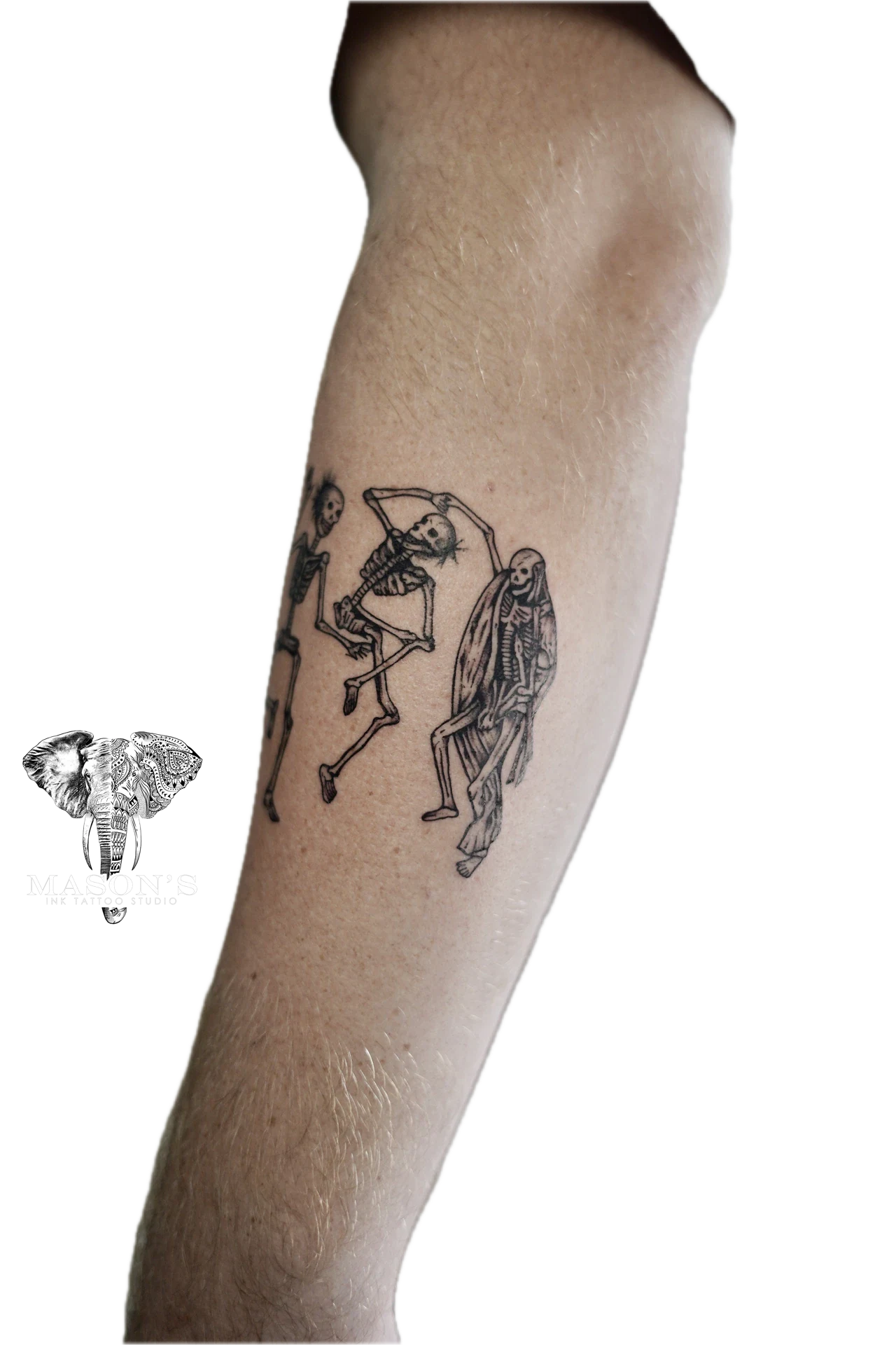 Black and Grey Skeletons Skull Party Tattoo by Mason's Ink Tattoo Studio, Bali
