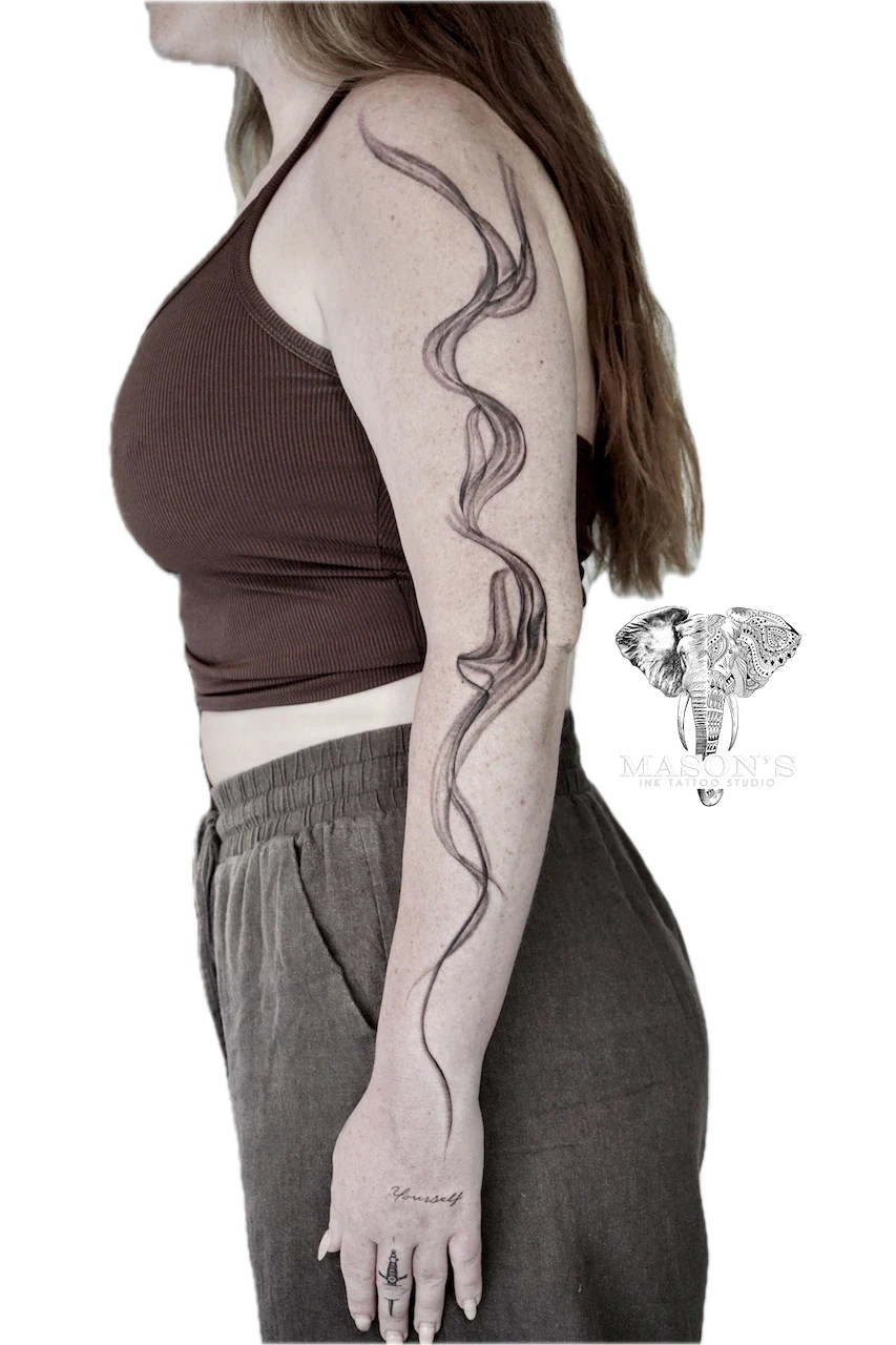 Black and Grey Smoky Tattoo Design by Mason's Ink Tattoo Studio, Bali