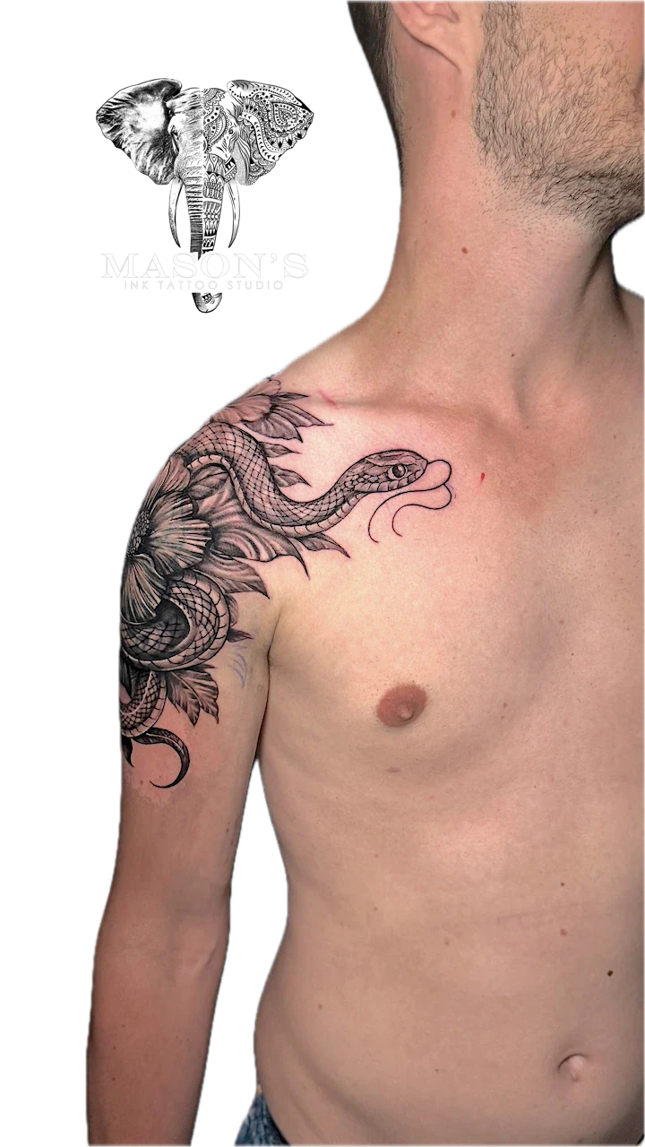 Black and Grey Snake and Floral Tattoo Design by Mason's Ink Tattoo Studio, Bali
