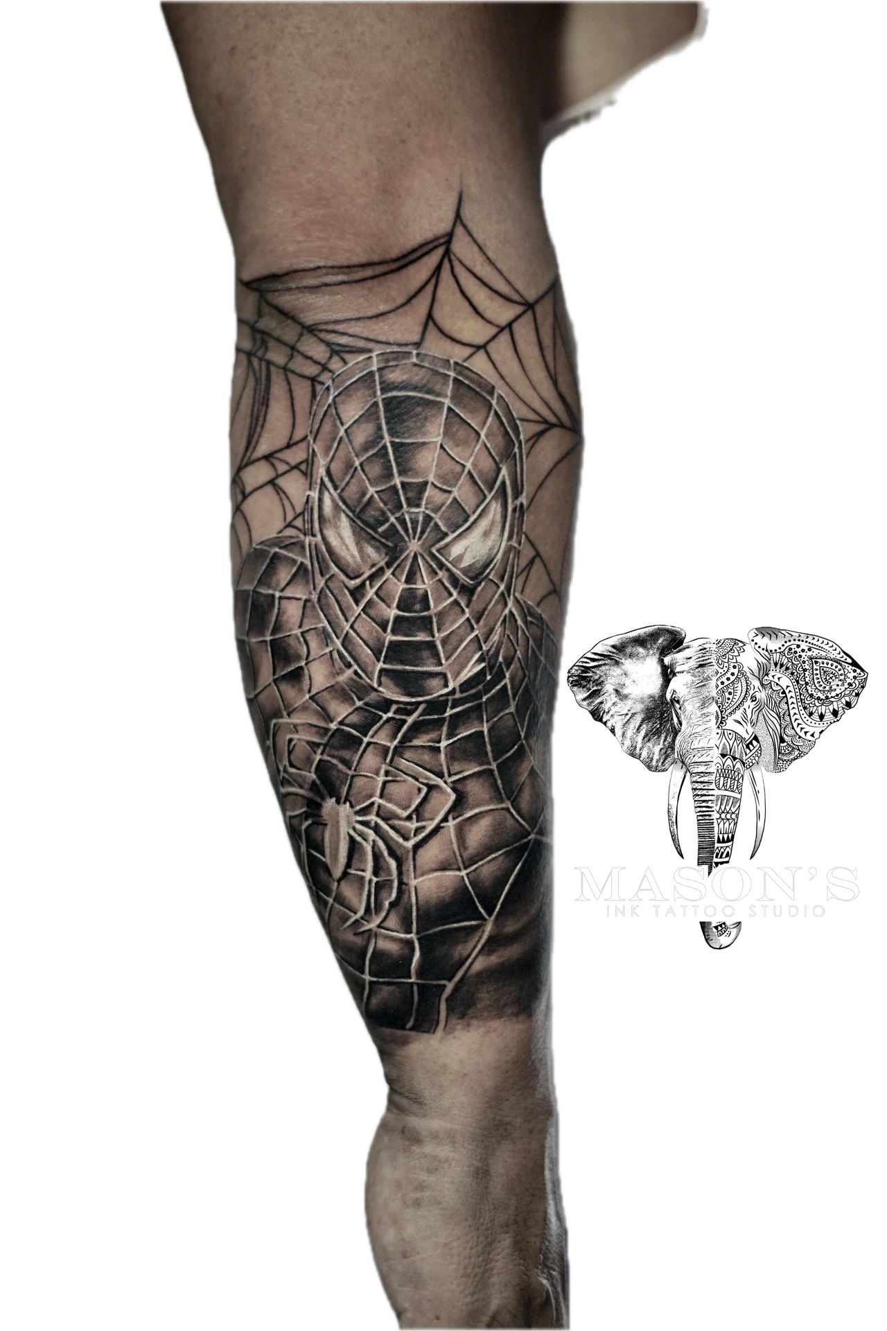 Black and Grey Spidey Spiderman Marvel Super Hero Tattoo by Mason's Ink Tattoo Studio, Bali