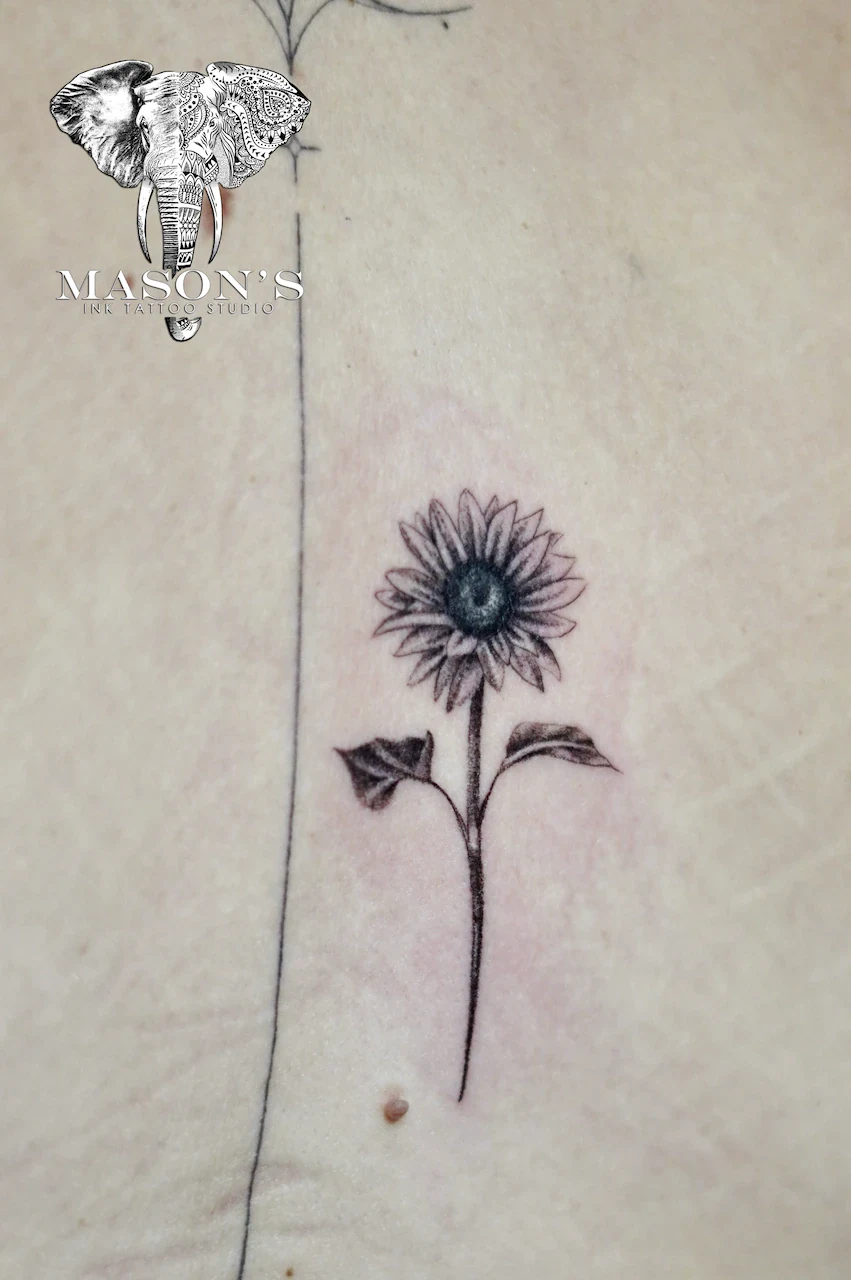 Black and Grey Sunflower Tattoo Design - Black & Grey tattoo by Mason's Ink Tattoo Studio, Bali