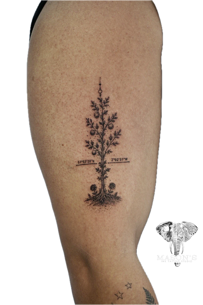 Black and Grey Sunkist Tree Tattoo Design - Black & Grey tattoo by Mason's Ink Tattoo Studio, Bali