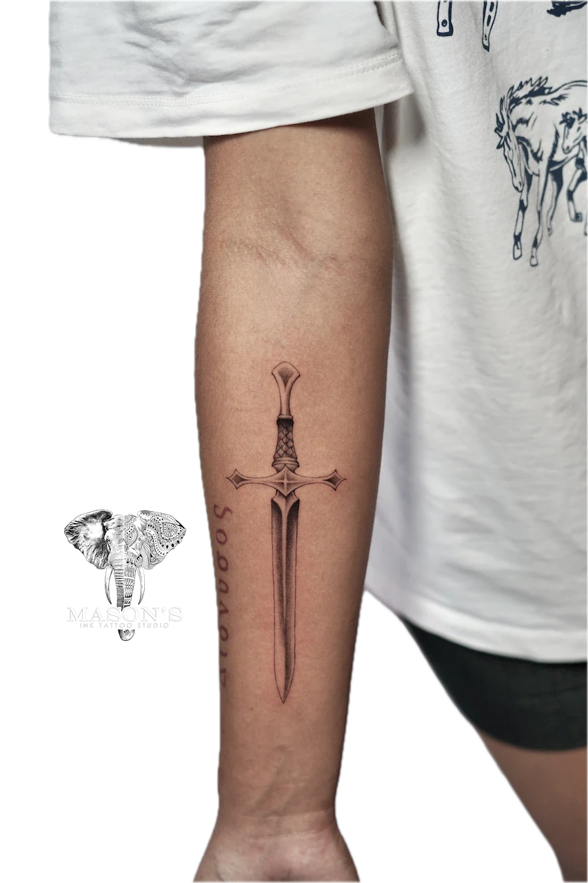 Black and Grey Sword Tattoo Design by Mason's Ink Tattoo Studio, Bali