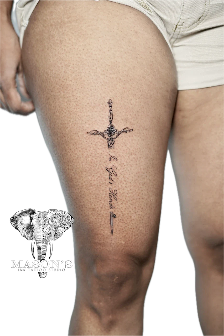 Black and Grey Sword and Script Tattoo Design - Black & Grey tattoo by Mason's Ink Tattoo Studio, Bali