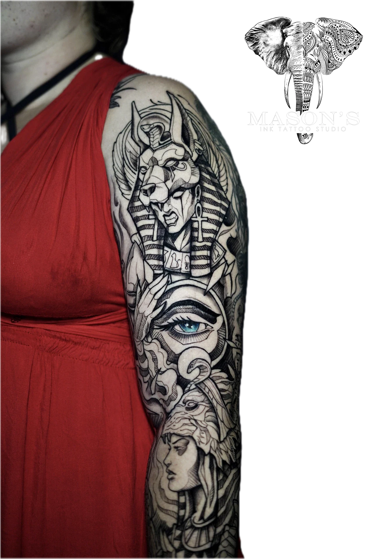 Black and Grey Tattoo Cleopatra, Illuminati, Anubis Mythology by Mason's Ink Tattoo Studio, Bali