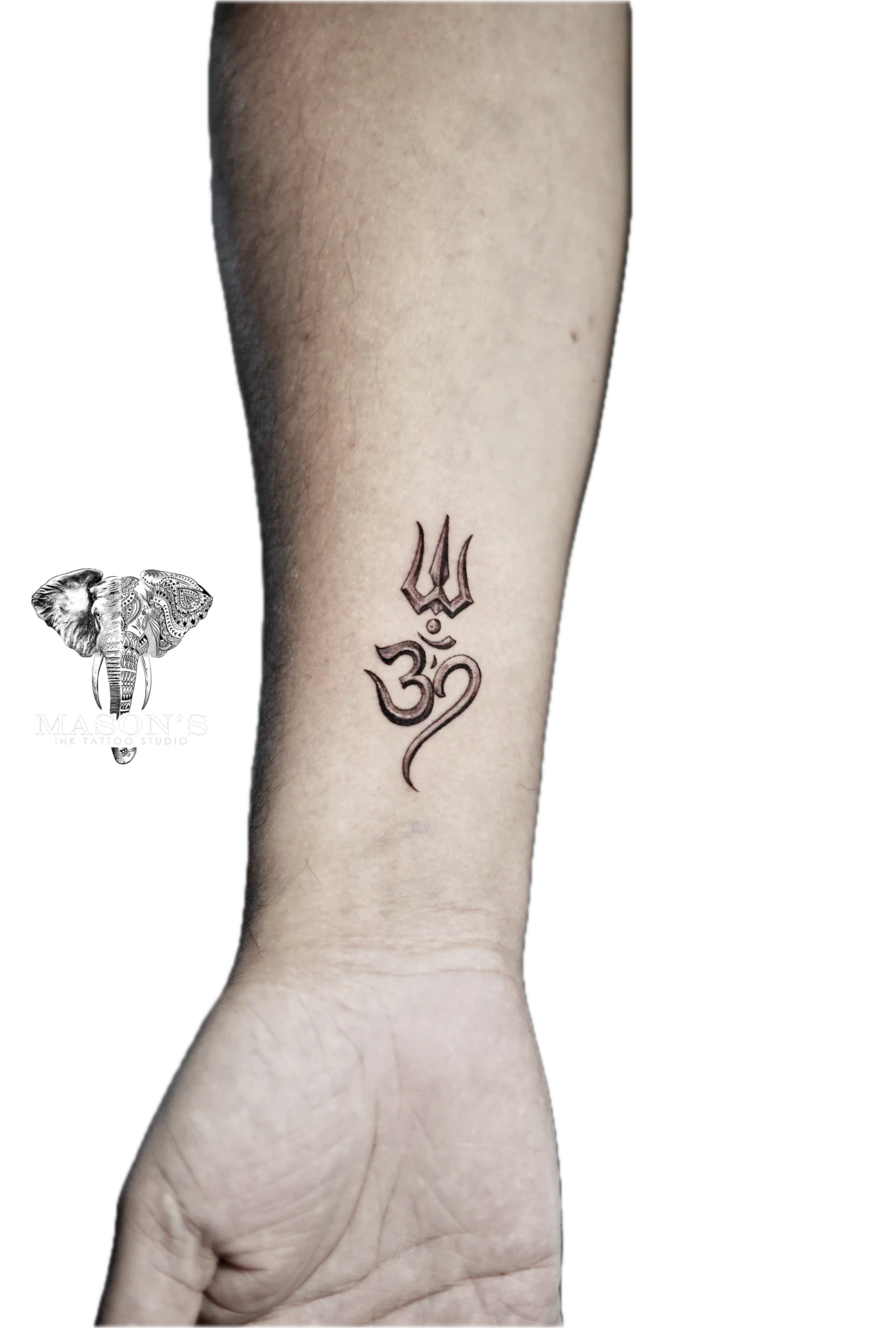 Black and Grey Tattoo Hinduism OM Kara with Trisula of Siva by Mason's Ink Tattoo Studio, Bali