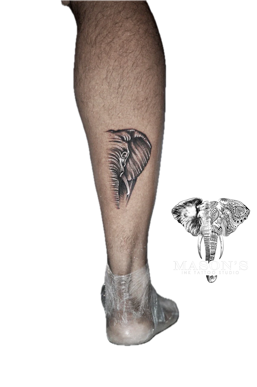 Black and Grey Tattoo Style Elephant Half Face by Mason's Ink Tattoo Studio, Bali