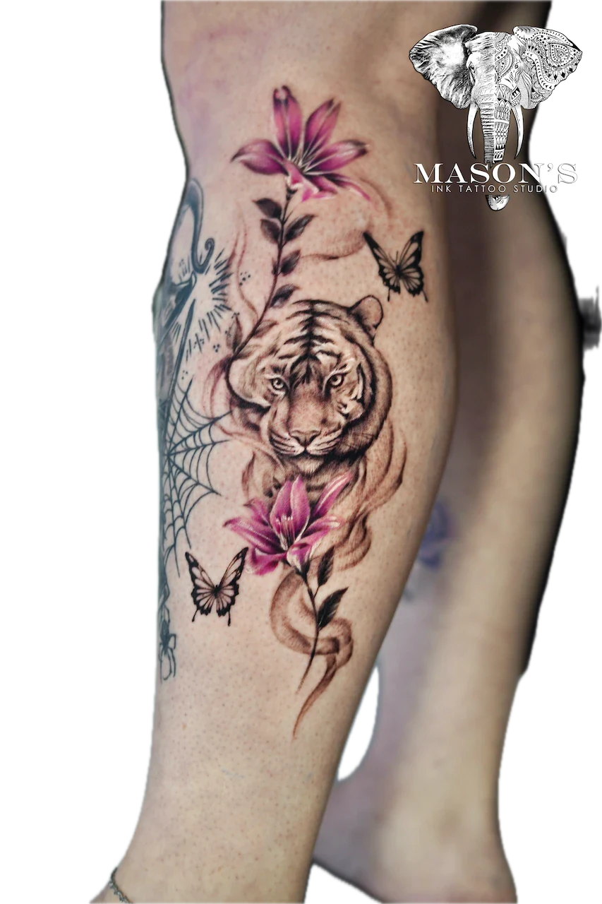 Black and Grey Tiger, Butterfly and Flower Tattoo Design - Black & Grey tattoo by Mason's Ink Tattoo Studio, Bali