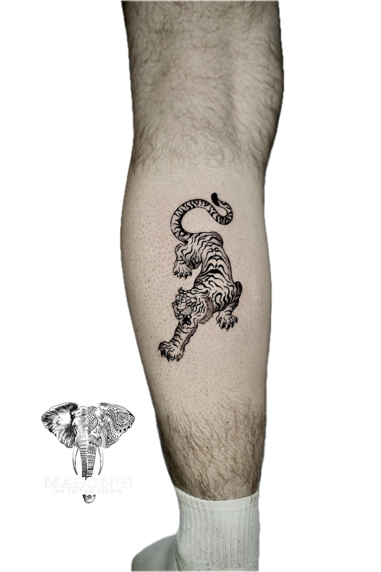 Black and Grey Tiger on Feet tattoo by Mason's Ink Tattoo Studio, Bali