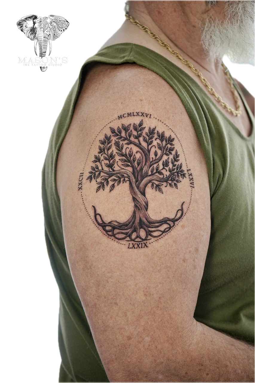 Black and Grey Tree and Script Tattoo - Black & Grey tattoo by Mason's Ink Tattoo Studio, Bali