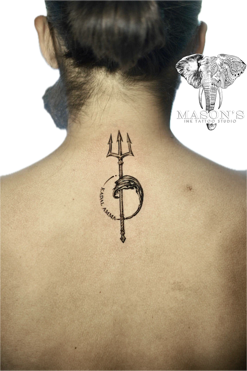 Black and Grey Trisula Script Tattoo Design - Black & Grey tattoo by Mason's Ink Tattoo Studio, Bali