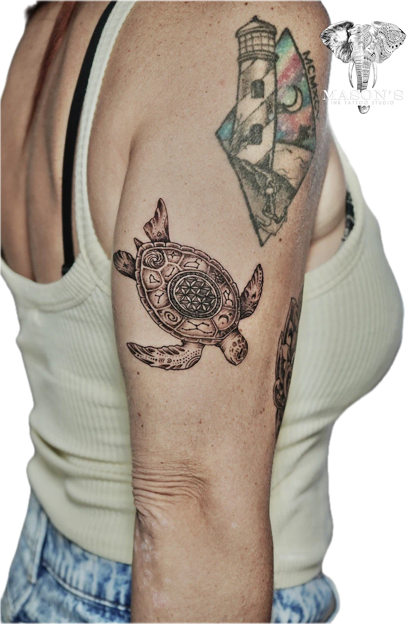 Black and Grey Turtle Tattoo - Black & Grey tattoo by Mason's Ink Tattoo Studio, Bali