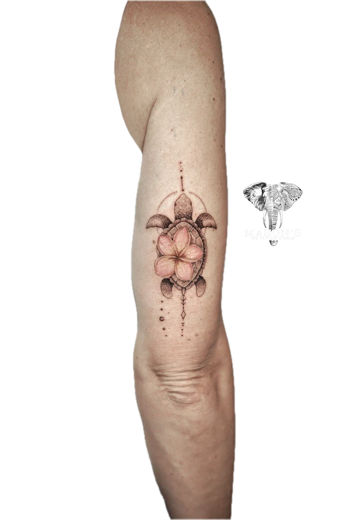 Black and Grey Turtle and Flower Tattoo Design - Black & Grey tattoo by Mason's Ink Tattoo Studio, Bali