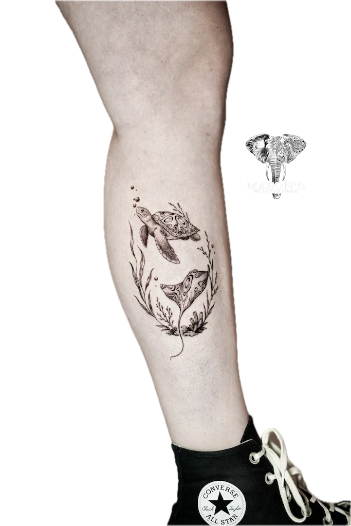Black and Grey Turtle and Manta Tattoo Design - Black & Grey tattoo by Mason's Ink Tattoo Studio, Bali