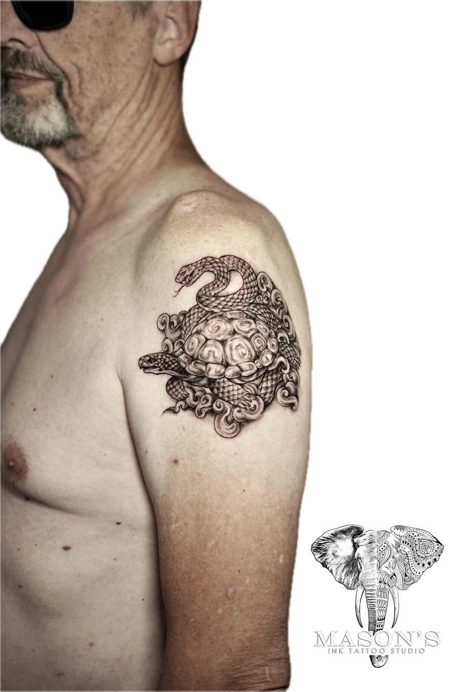 Black and Grey Turtle and Snake Tattoo Design - Black & Grey tattoo by Mason's Ink Tattoo Studio, Bali