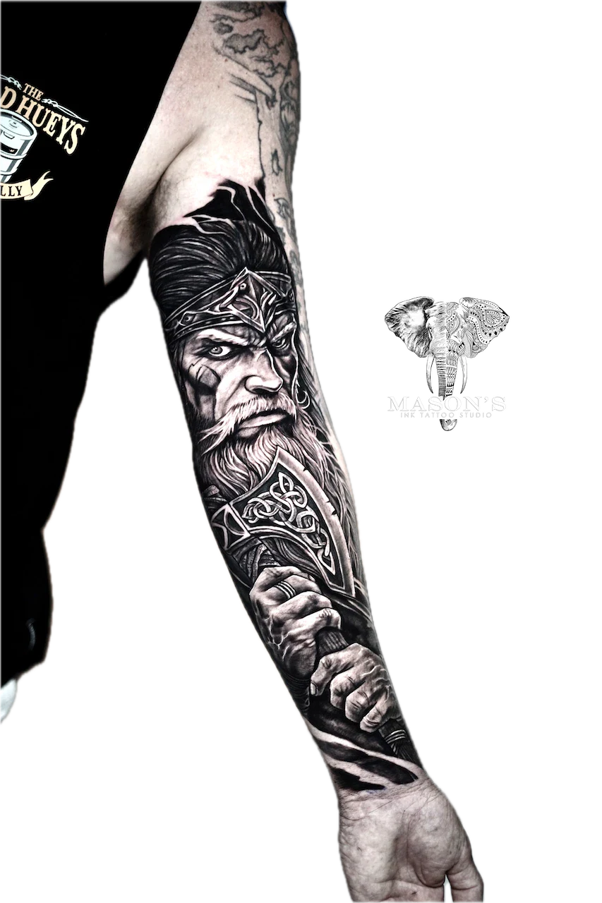 Black and Grey Viking Realism Tattoo Design by Mason's Ink Tattoo Studio, Bali