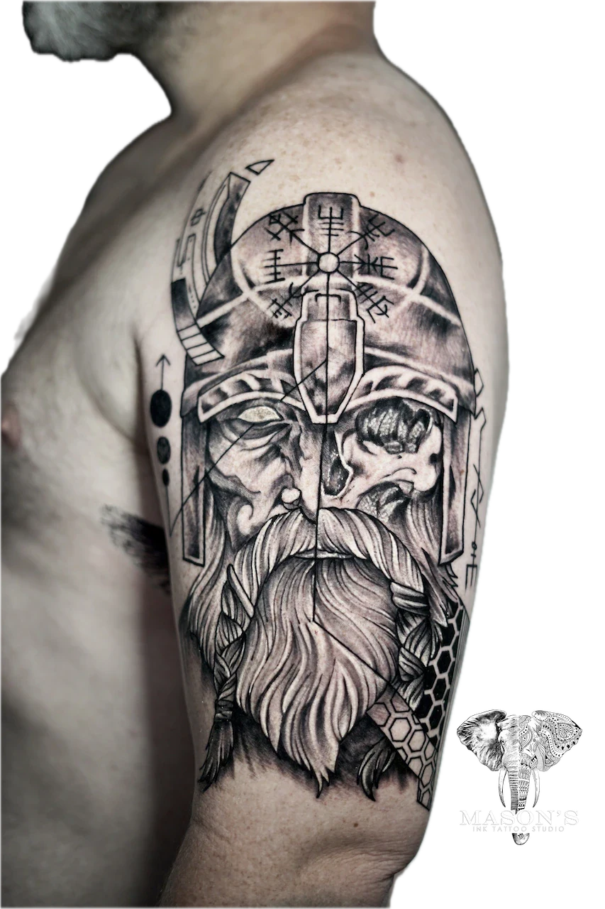 Black and Grey Viking Tattoo Design - Black & Grey tattoo by Mason's Ink Tattoo Studio, Bali