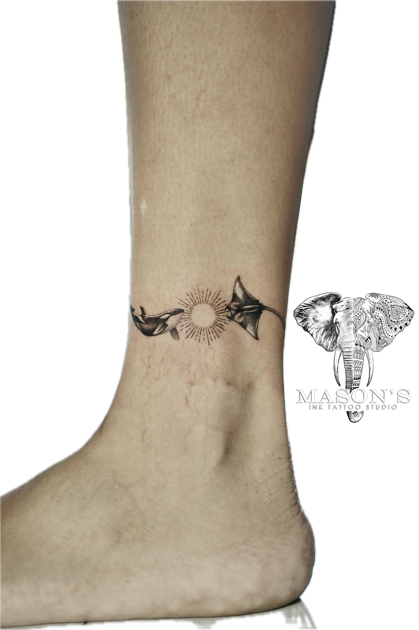 Black and Grey Whale and Manta Tattoo Design - Black & Grey tattoo by Mason's Ink Tattoo Studio, Bali