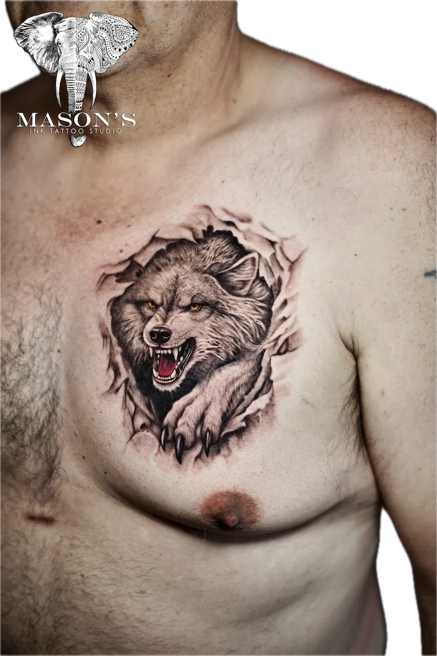 Black and Grey Wolf Tattoo Design - Black & Grey tattoo by Mason's Ink Tattoo Studio, Bali