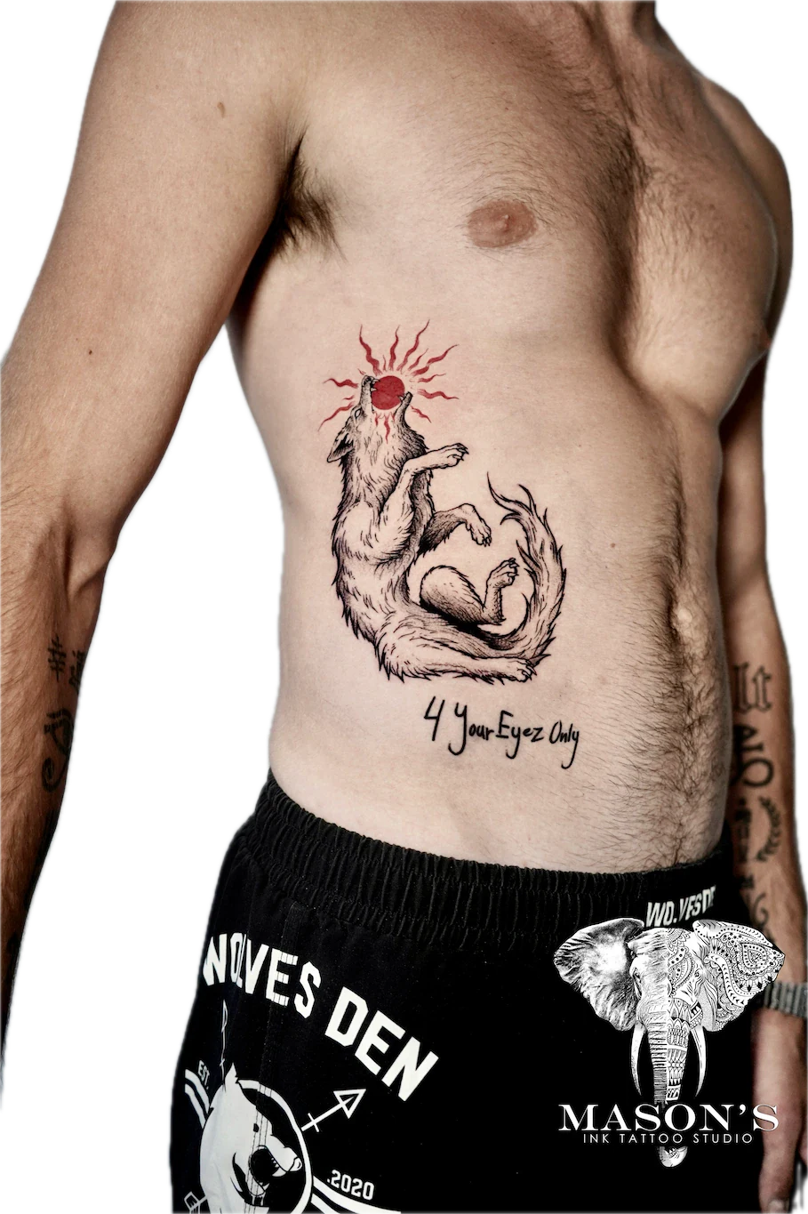 Black and Grey Wolf and Sun Tattoo Design - Black & Grey tattoo by Mason's Ink Tattoo Studio, Bali