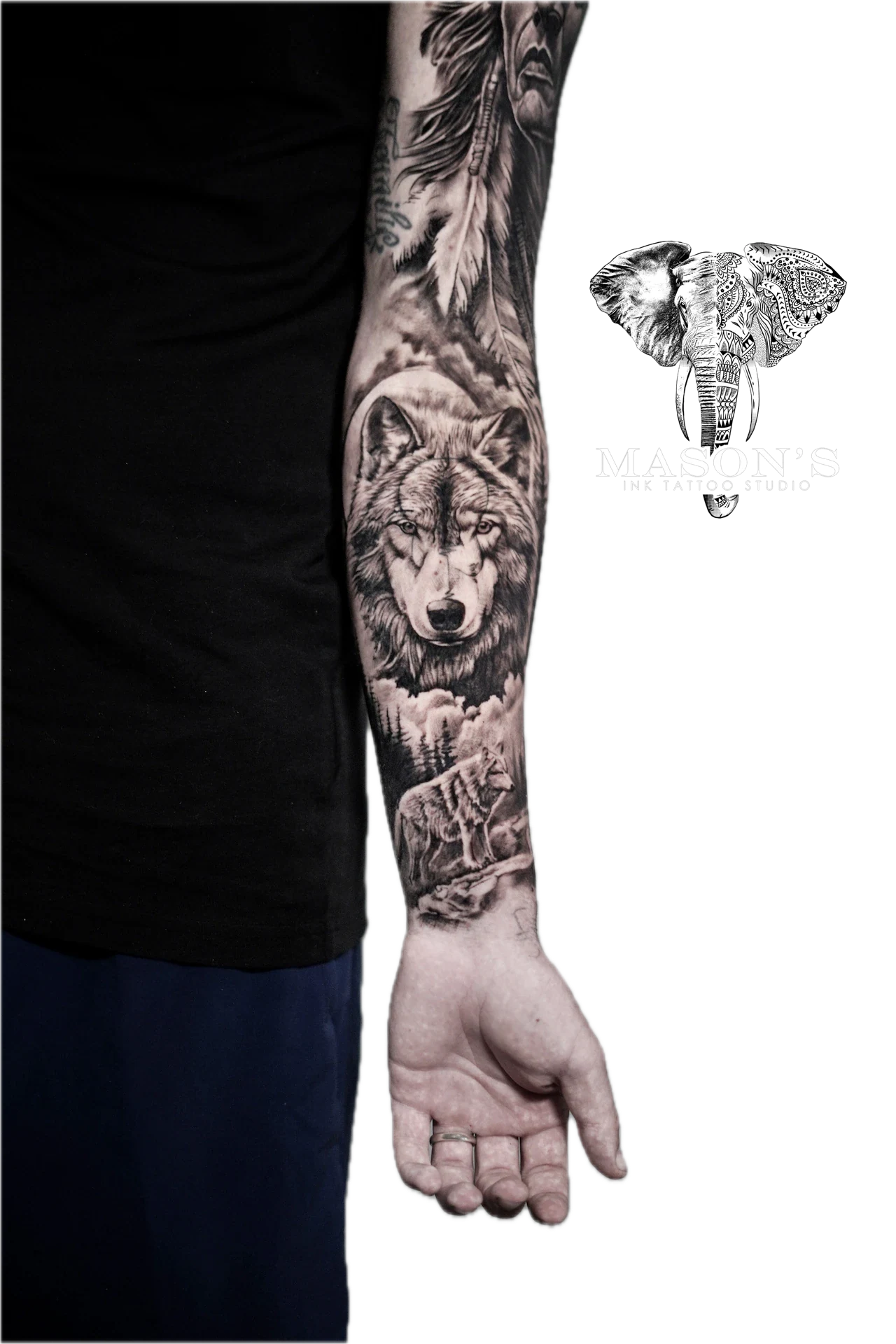Black and Grey Wolf full hand tattoo by Mason's Ink Tattoo Studio, Bali
