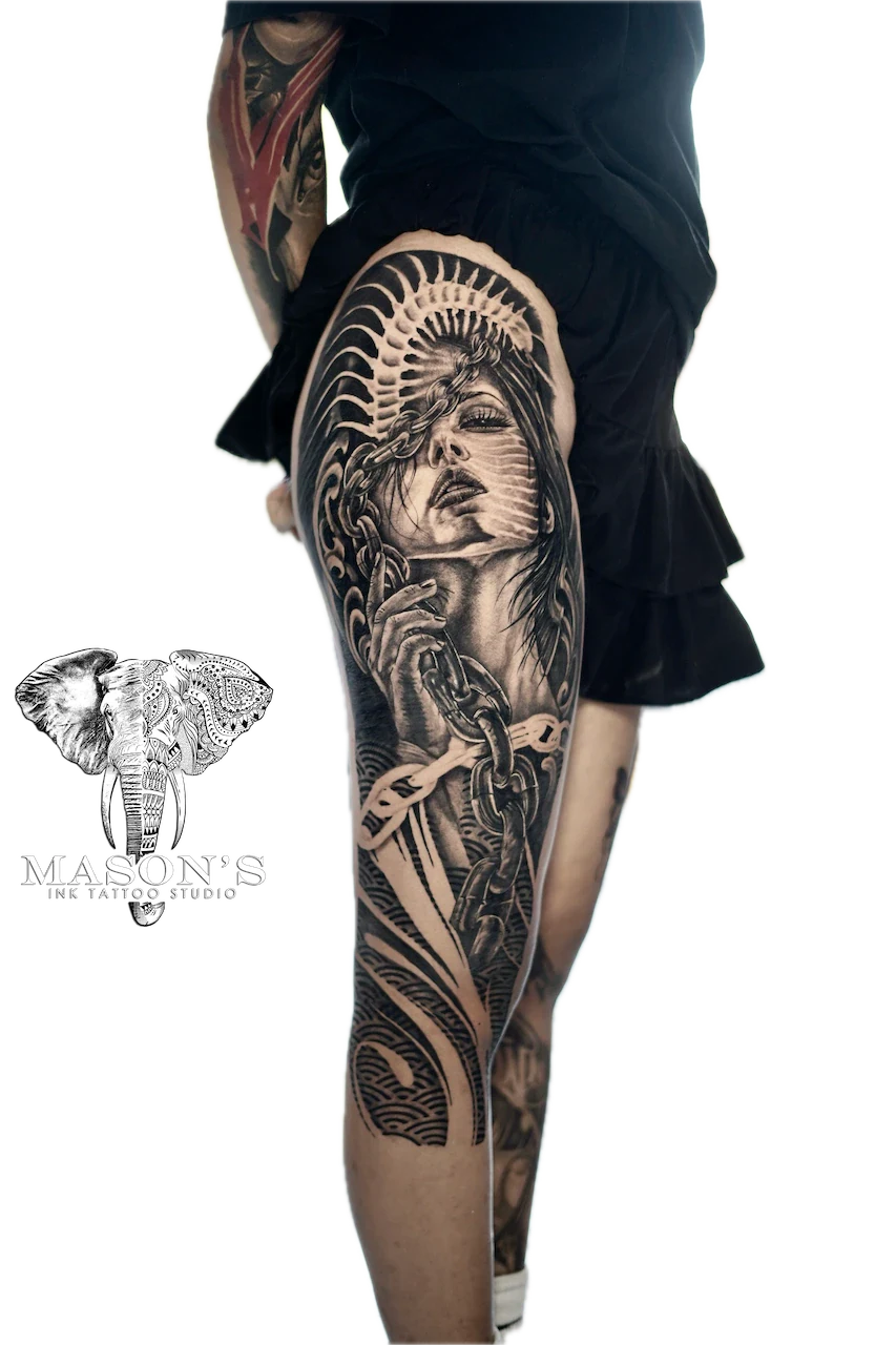 Black and Grey Woman Portrait Tattoo Design - Black & Grey tattoo by Mason's Ink Tattoo Studio, Bali