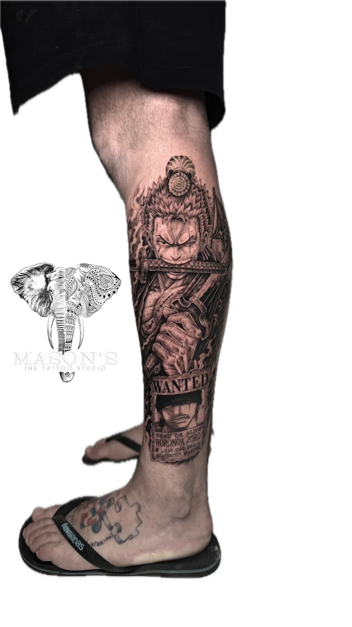 Black and Grey Zoro Tattoo by Mason’s Ink by Mason's Ink Tattoo Studio, Bali