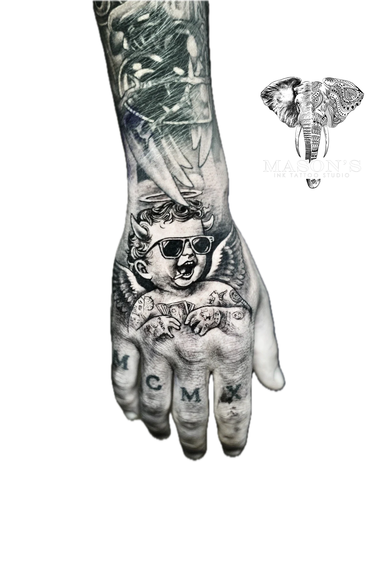 Black and Grey baby Cupid Angel Tattoo like a Boss by Mason's Ink Tattoo Studio, Bali