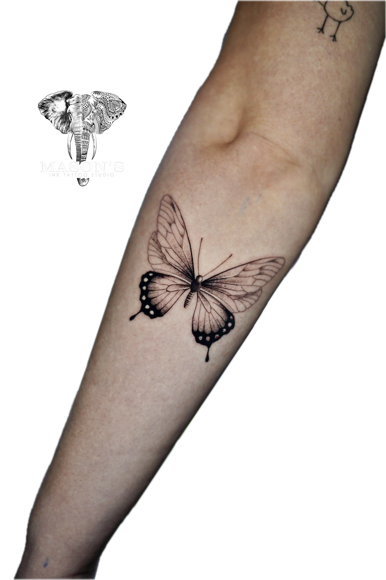 Black and grey Butterfly tattoo by Mason's Ink Tattoo Studio, Bali