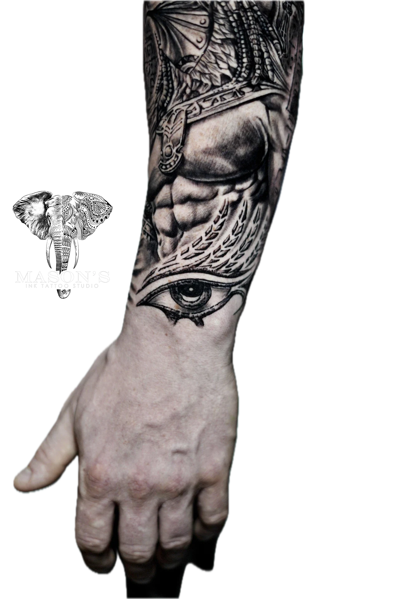 Black and grey Mythology Realism Eye Warior tattoo by Mason's Ink Tattoo Studio, Bali