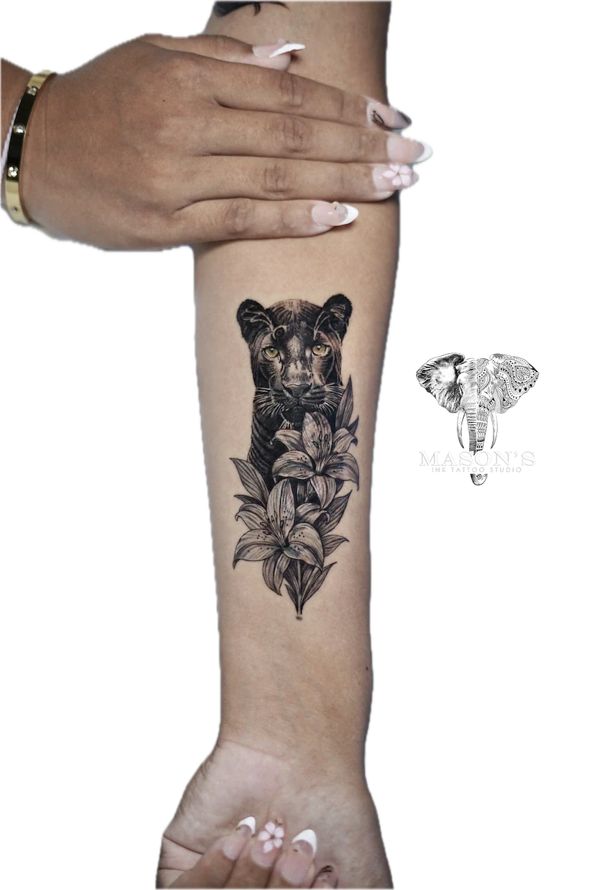 Blackwork Panther and Flower Tattoo Design by Mason's Ink Tattoo Studio, Bali