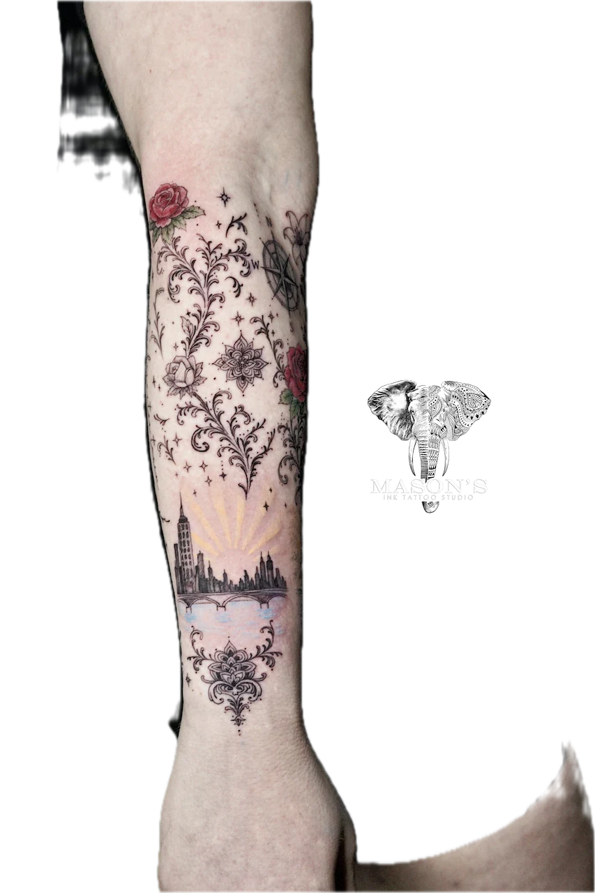 Color Ornament Black and Grey City View Tattoo Design - Black & Grey tattoo by Mason's Ink Tattoo Studio, Bali