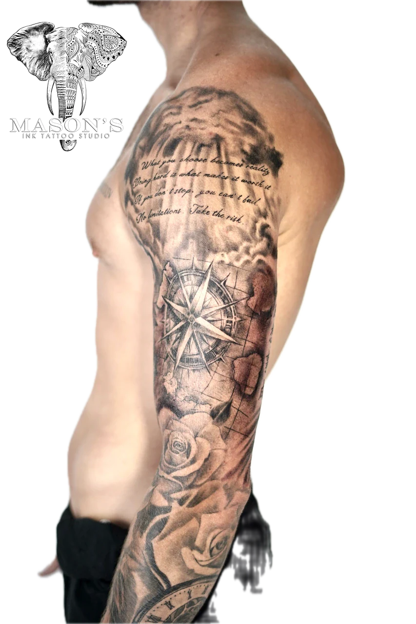 Compass Script Black and Grey Tattoo Design - Black & Grey tattoo by Mason's Ink Tattoo Studio, Bali