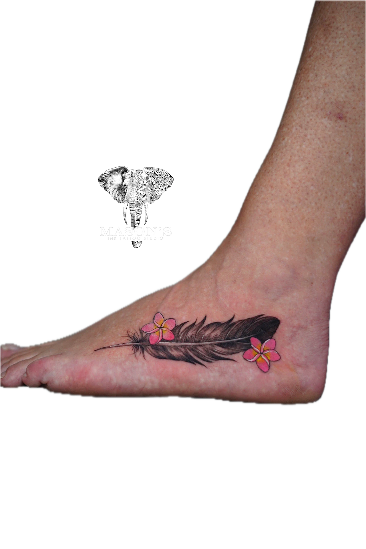 Feather and Floral Realism Tattoo Design by Mason's Ink Tattoo Studio, Bali
